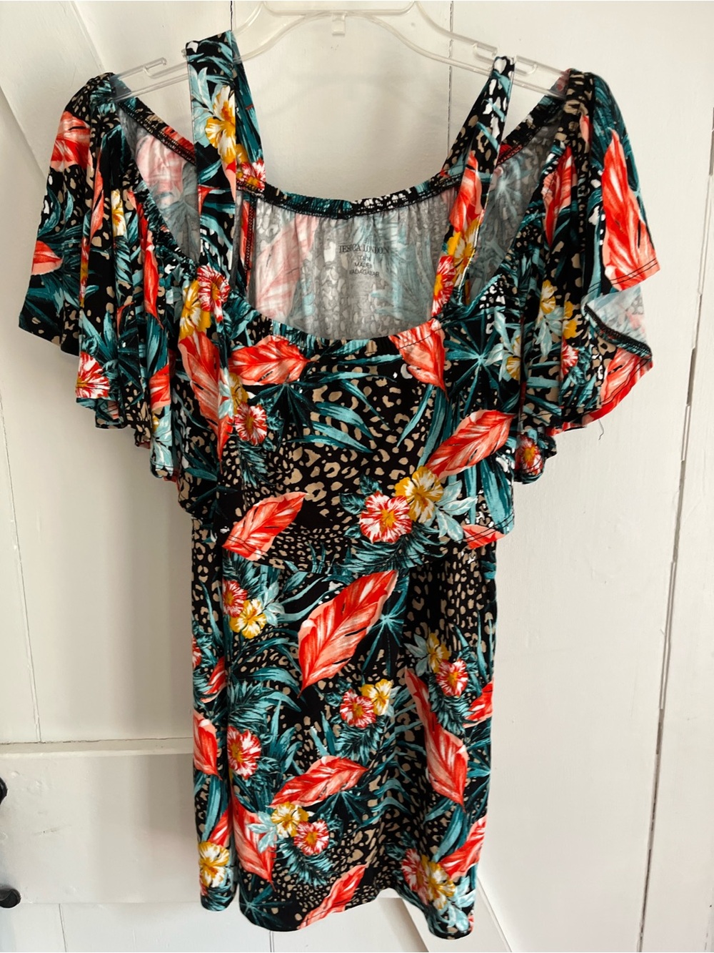 SALE 3/$15 Tropical Floral Cold-Shoulder Top Black with Red & Teal